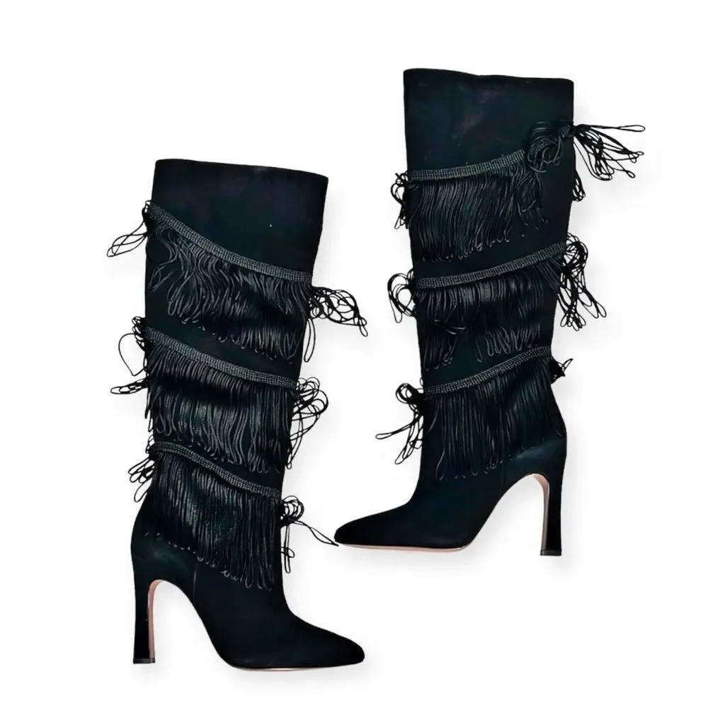 BCBGMaxazria Suede Fringe Heeled Boots, Black, New, Size 7.5